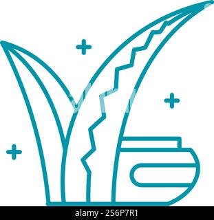 Natural cosmetics with organic ingredients, isolated aloe vera leaf with tube or jar with cream. Cleansing and care for face or body skin, moisturizing effect. Line art, simple vector in flat style. Aloe vera natural ingredient in cosmetics vector Stock Vector