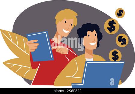 Team of specialists working on growing income of company. Men using laptops for dealing with tasks. People brainstorming and solving problems together. Communication and meeting. Vector in flat style. People working on company income growth improving Stock Vector
