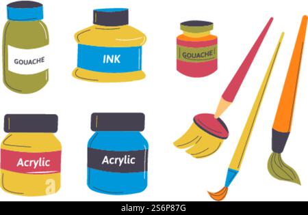 Drawing supplies for painting and art lessons, isolated kit of paints and pigments in tubes. Brushes with thick and soft bristle. School or university classes, artist courses. Vector in flat style. Paints and pigments in tubes, drawing brushes Stock Vector