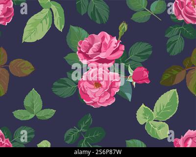Blooming spring or summer roses or peonies seamless pattern. Decoration for feminine background, floral print with flourishing and foliage. Realistic houseplant in bloom. Vector in flat style. Flower print, blooming roses seamless pattern Stock Vector
