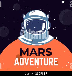 Outer space exploration and discoveries on red planet. Poster with astronaut wearing protective costume, mars adventure of cosmonaut in universe. Character in spacesuit. Vector in flat style. Mars adventure outer space exploration in universe Stock Vector
