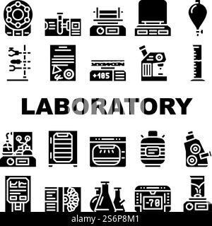 Laboratory Equipment For Analysis Icons Set Vector. Digital Scales And Microscope, Electronic Centrifuge And Heating Plate, Autoclave And Shaker Laboratory Tools Glyph Pictograms Black Illustrations. Laboratory Equipment For Analysis Icons Set Vector Stock Vector