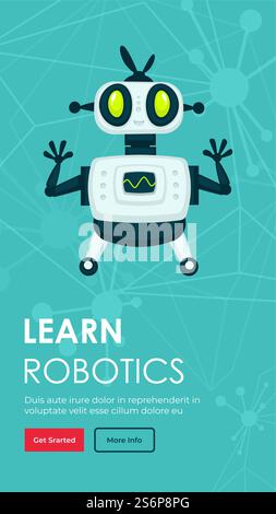 Robotics classes and lessons, learn process or creating humanoids and artificial intelligence. Futuristic engineering and designing. Website or webpage template, landing page flat style vector. Learn robotics, website with info and classes Stock Vector