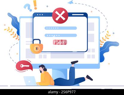 Forgot Password and Account Login for Web page, Protection, Security, Key, Access System in Smartphone or Computer Flat Vector Illustration Stock Vector