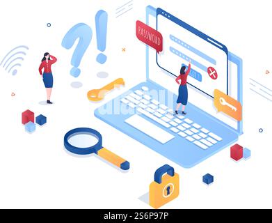 Forgot Password and Account Login for Web page, Protection, Security, Key, Access System in Smartphone or Computer Flat Vector Illustration Stock Vector