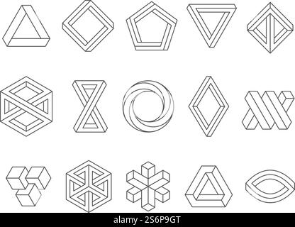 Illusion shapes. 3d geometrical infinity loop triangles hexagon impossible perspective vector abstract logo templates. Illustration 3d trendy visual shape, geometric perspective unusual. Illusion shapes. 3d geometrical infinity loop triangles hexagon impossible perspective vector abstract logo templates Stock Vector