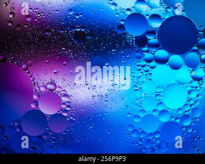 Abstract macro photograph of oil and water bubbles illuminated in vibrant blue and purple lighting, creating a colorful pattern. Stock Photo