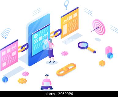 SEO Link Building as Search Engine Optimization, Marketing and Digital for Home Page Development or Mobile Applications Vector Illustration Stock Vector