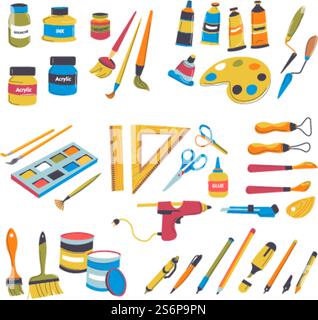 Supplies for school or university, lessons and classes, artwork courses. Isolated kit of palate and ruler, glue and scissors, tubes with pigments and pencils for drawing. Vector in flat style. School supplies for art lessons and classes vector Stock Vector