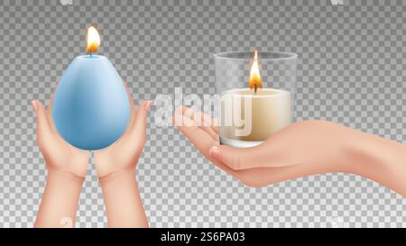 Hands holding candles. Realistic lights, religion symbols. Holiday decorative lighting vector elements. Candle light in hand, flame holding hand illustration. Hands holding candles. Realistic lights, religion symbols. Holiday decorative lighting vector elements Stock Vector