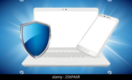 Data protection. Laptop smartphone mockup, white devices and shield. Save your personal info vector poster template. Illustration shield smartphone data, safety laptop device. Data protection. Laptop smartphone mockup, white devices and shield. Save your personal info vector poster template Stock Vector