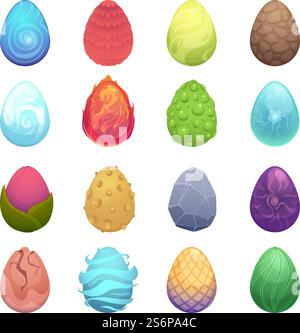 Colored eggs. Vector cartoon fairytale dragon magic eggs for game projects vector collection. Illustration dinosaur fairytale, magical dragon whole eggs set. Colored eggs. Vector cartoon fairytale dragon magic eggs for game projects vector collection Stock Vector