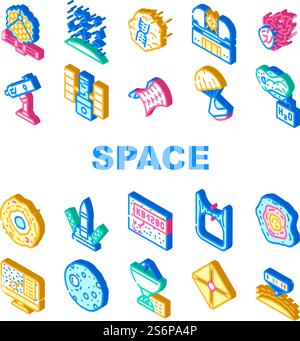 Space Researchment Equipment Icons Set Vector. Hubble Telescope Tool And Virtual Planetarium, Launch Rocket And Space Capsule, Spectral Analysis Of Stars And Planets Isometric Sign Color Illustrations. Space Researchment Equipment Icons Set Vector Stock Vector
