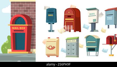 Postal containers. Mailboxes with letters envelope vector pictures. Mailbox post, delivery letter, postal container illustration. Postal containers. Mailboxes with letters envelope vector pictures Stock Vector