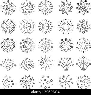Fireworks with sparks, black and white linear vector illustration. For ...