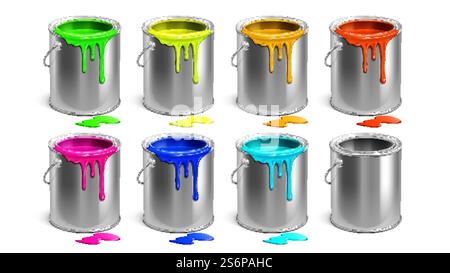 Buckets Multicolored Paint And Empty Set Vector. Blank Aluminum Containers With Different Color Paint For Making Renovation Or Drawing Picture. Painter Diy Template Realistic 3d Illustrations. Buckets Multicolored Paint And Empty Set Vector Stock Vector