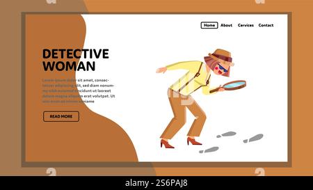 detective spy woman. private detective woman with glass. investigation police agent. secret girl curious looking. vector web Flat Cartoon Illustration. detective spy woman vector Stock Vector