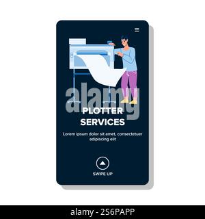Plotter Services For Printing Large Format Vector. Plotter Services Worker Man Paper List Print On Printer Industrial Machine Electronic Equipment. Character Work Web Flat Cartoon Illustration. Plotter Services For Printing Large Format Vector Stock Vector