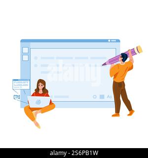 Blog Management Blogger Online Occupation Vector. Blog Management And Article Writing Man And Woman On Internet Web Site Page. Characters Blogging Social Media Flat Cartoon Illustration. Blog Management Blogger Online Occupation Vector Stock Vector