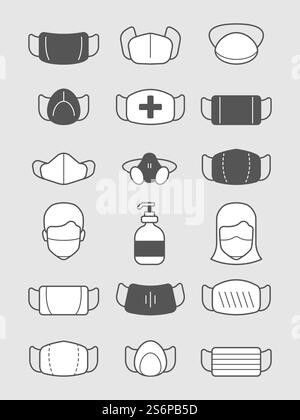 Pollution mask symbols. Medical protection icon treatment man with face shield or mask viruses vector set. Medical mask protective equipment illustration. Pollution mask symbols. Medical protection icon treatment man with face shield or mask viruses vector set Stock Vector