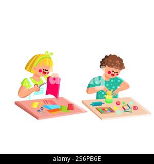 Boy And Girl Kids Crafting In Classroom Vector. Preteen Schoolboy And Schoolgirl Children Crafting Together With Paper And Plasticine. Characters Educational Creativity Time Flat Cartoon Illustration. Boy And Girl Kids Crafting In Classroom Vector Stock Vector