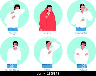 Sick characters. Flu persons hospital bed headache illness medical problems vector characters. Illustration sick and flu character, person with influenza. Sick characters. Flu persons hospital bed headache illness medical problems vector characters Stock Vector