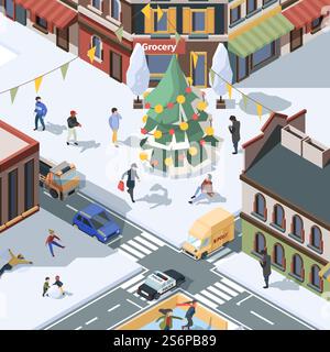 Xmas tree in city. Winter urban landscape with active people walking in snow preparing for holiday garish vector isometric. Christmas holiday, urban xmas tree in city illustration. Xmas tree in city. Winter urban landscape with active people walking in snow preparing for holiday garish vector isometric Stock Vector
