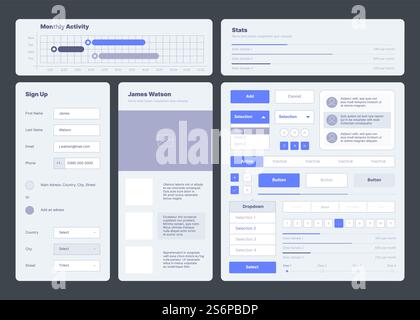 Ui template. Web dashboard elements buttons dividers menu symbols ux layout garish vector collection. Illustration report responsive software, user homepage button. Ui template. Web dashboard elements buttons dividers menu symbols ux layout garish vector collection Stock Vector