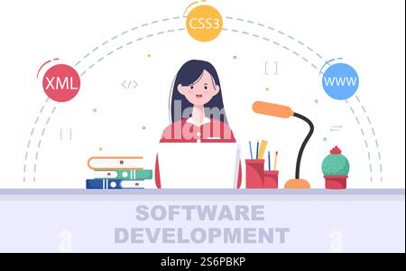 Software Development and Programming Code on Computer Vector Illustration for Technology, Engineer Team, coding, Marketing Material, Business and Presentation Stock Vector
