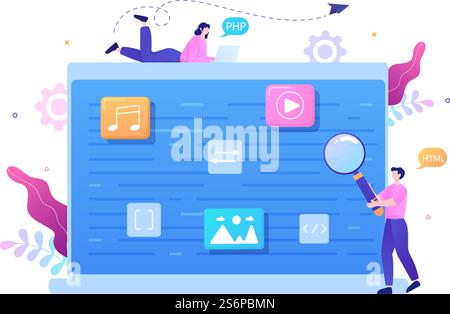 Software Development and Programming Code on Computer Vector Illustration for Technology, Engineer Team, coding, Marketing Material, Business and Presentation Stock Vector