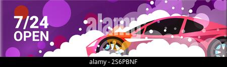 Automobile care and maintenance of cleanliness, car wash open 7 24, every day. Polishing and waxing surface of transport, station for vehicles cleaning by specialists. Vector flat illustration. Car wash service open every day, auto station Stock Vector