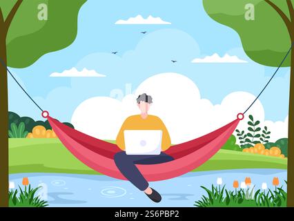 People Lying on Hammock in Park Flat Cartoon Vector Illustration. Summer Vacation Outdoor Picnic Between Two Trees Stock Vector