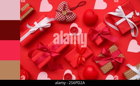 Gift for Valentine's Day hearts on red background. Different color patterns Stock Photo
