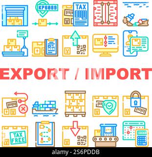 Export And Import Transportation Icons Set Vector. Export And Import Goods Documents And Shipment, Sunken Container Ship And Logistics Services, Tracking Number And Tax Line. Color Illustrations. Export And Import Transportation Icons Set Vector Stock Vector