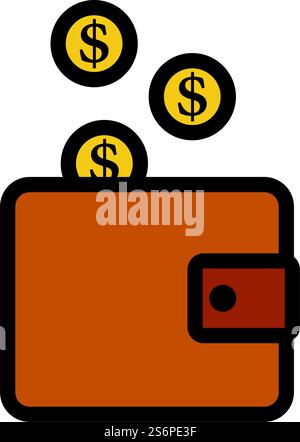Golden Coins Fall In Purse Icon. Editable Bold Outline With Color Fill Design. Vector Illustration. Stock Vector