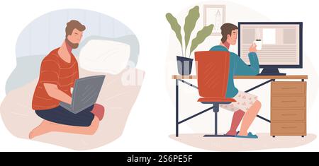 Male characters focused on work, people working from home and completing tasks and projects. Developers or programmers, personage with cup of coffee by table. Vector in flat style illustration. People working from home using laptops computer Stock Vector