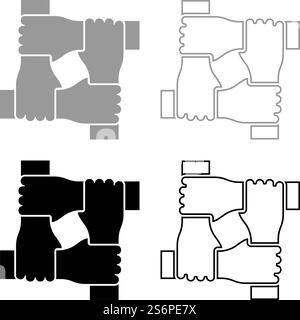 Four hands together concept teamwork united teamleading Arm interlocking with each other on wrist jointly collaboration set icon grey black color vector illustration image simple flat style solid fill outline contour line thin. Four hands together concept teamwork united teamleading Arm interlocking with each other on wrist jointly collaboration set icon grey black color vector illustration image flat style solid fill outline contour line thin Stock Vector