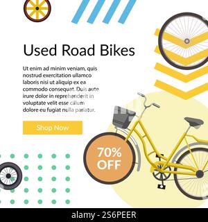 Reduction on used road bikes, online shop with assortment and good prices. 70 percent off on bicycles, retro and new transport models. Website or webpage template, landing page, vector in flat style. Used road bikes, online shop with 70 percent off Stock Vector
