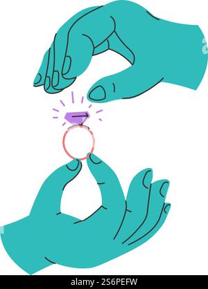 Hands holding diamond ring, jewelry shop or present store with accessories decor and bijouterie for women. Proposal and popping question, couple getting engaged and married. Vector in flat style. Choosing ring with diamond in jewelry shop vector Stock Vector