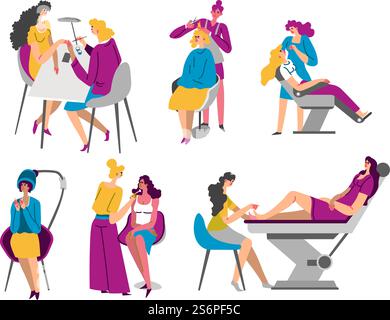 Spa salon and beauty procedures for women, hairdresser care, manicure and pedicure, facial and hairstyle finishing. Service of specialists and professionals. Vector in flat style illustration. Beauty salon and spa procedures for women vector Stock Vector