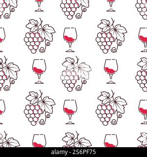 Ripe grapes and glass of sparkling alcoholic beverage. Winemaking and tasting, winery and production of alcohol. Monochrome seamless pattern, background or print, vector in flat style illustration. Winery and wine tasting degustation pattern vector Stock Vector