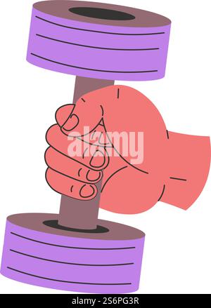 Training and working out in gym, isolated hand holding dumbbell practicing and making body strong. Strength and bodybuilding, portable equipment for physical activities. Vector in flat style. Hand holding heavy dumbbell, training and gym Stock Vector