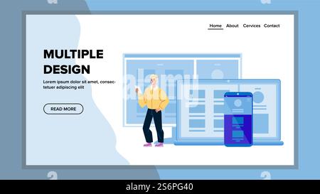 Multiple Design Developing And Create Man Vector. Young Designer Developer Creating Multiple Design For Website. Character Programming Internet Webpage Web Flat Cartoon Illustration. Multiple Design Developing And Create Man Vector Stock Vector