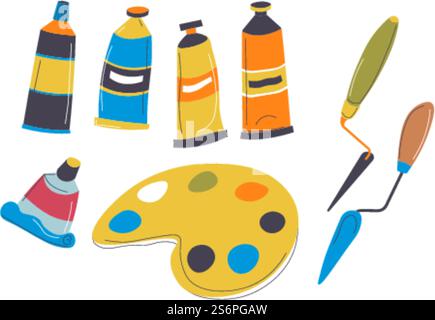 Paints and watercolor pigments in tubes and bottles, palate and instruments for drawing and painting. Isolated decorative art supplies for lessons, classes or educational courses. Vector in flat style. Art supplies for drawing, paints and palete Stock Vector