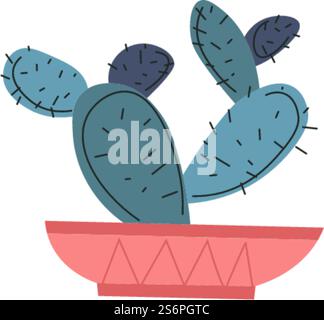 Decoration for home or office, isolated pot with cactus flower. Flowerpot with growing botany leaves and thorns, trendy exotic flora for interior design. Scandi flourishing cacti. Vector in flat style. Cactus flower growing in pot, houseplant decor Stock Vector