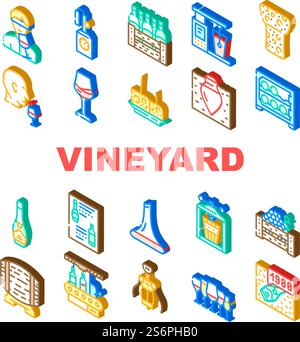 Vineyard Production Alcohol Drink Icons Set Vector. Wine Glasses With Different Taste Beverage, Fridge And Wooden Barrel, Cork And Corkscrew Tool, Vineyard Isometric Sign Color Illustrations. Vineyard Production Alcohol Drink Icons Set Vector Stock Vector