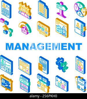 Business Management Business Icons Set Vector. Product Business Management And Presentation, Crm Marketing And Swot Analysis, Earning Money And Launch Startup Isometric Sign Color Illustrations. Business Management Business Icons Set Vector Stock Vector