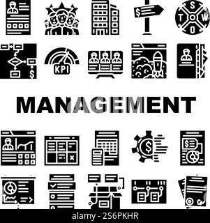 Business Management Business Icons Set Vector. Product Business Management And Presentation, Crm Marketing And Swot Analysis, Earning Money And Launch Startup Glyph Pictograms Black Illustrations. Business Management Business Icons Set Vector Stock Vector
