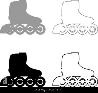 Roller skates blades Personal transportation set icon grey black color vector illustration image simple flat style solid fill outline contour line thin. Roller skates blades Personal transportation set icon grey black color vector illustration image flat style solid fill outline contour line thin Stock Vector