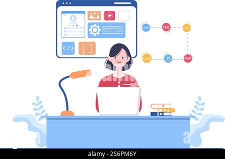 Software Development and Programming Code on Computer Vector Illustration for Technology, Engineer Team, coding, Marketing Material, Business and Presentation Stock Vector